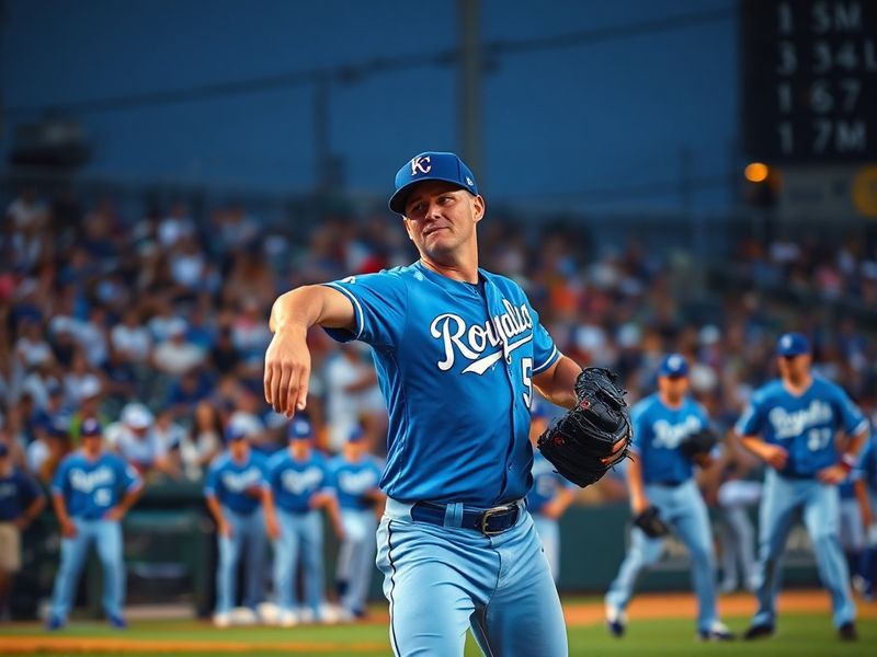 A vibrant shot of Kauffman Stadium during a night game, with the Royals’ royal blue and gold colors illuminating the field. T