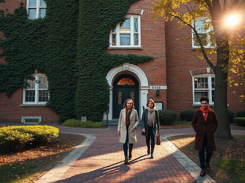 Aerial view of Bates College campus in Lewiston, Maine, featuring historic brick buildings, green quads, and students engaged