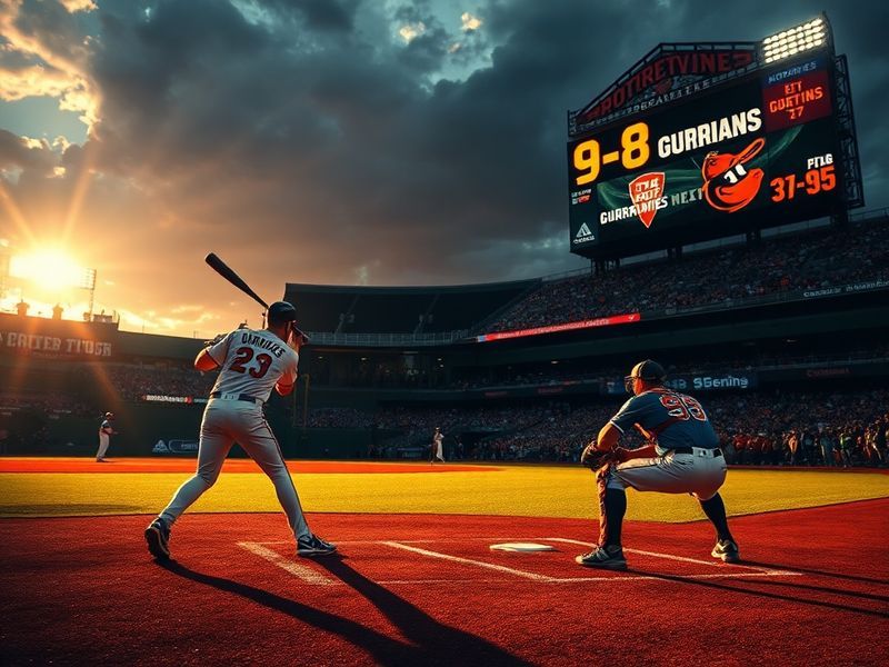 A vibrant baseball stadium shot at sunset, featuring the Baltimore Orioles and Cleveland Guardians dugouts facing each other