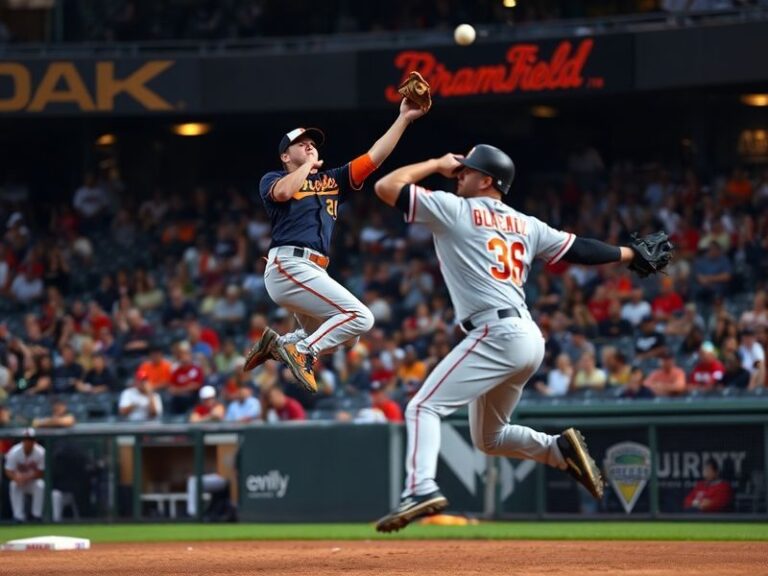 A vibrant baseball stadium scene at sunset, featuring the Baltimore Orioles and Cleveland Guardians dugouts with players in a