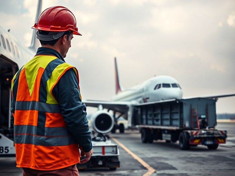 A busy airport tarmac with grounded planes due to fuel shortages, passengers waiting with luggage, and refinery smokestacks i