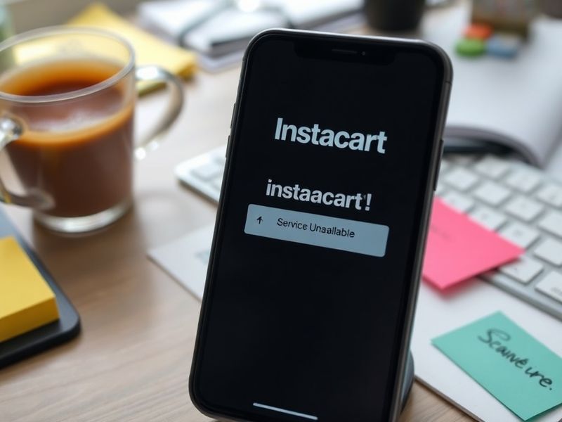 A frustrated person holding a smartphone with a loading error on the Instacart app, surrounded by grocery bags, in a dimly li