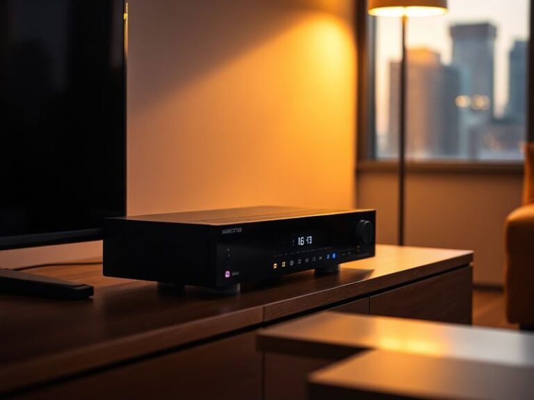 A sleek Manhattan S4-R Freesat receiver displayed on a modern TV stand, surrounded by a minimalist living room setup with sub