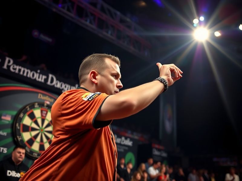 A dynamic photo of a Premier League Darts match in progress, featuring a player in mid-throw with a focused expression, surro
