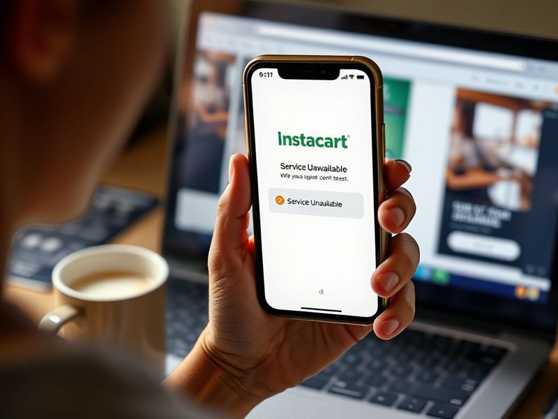 A frustrated Instacart user holding a smartphone displaying a 'Service Unavailable' error, with a laptop and grocery bags in