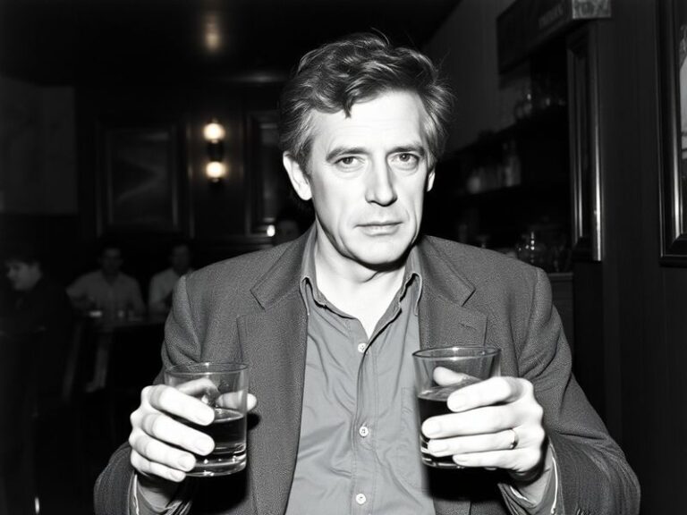 A moody black-and-white photograph of Jay McInerney sitting in a dimly lit New York City apartment, surrounded by books and a