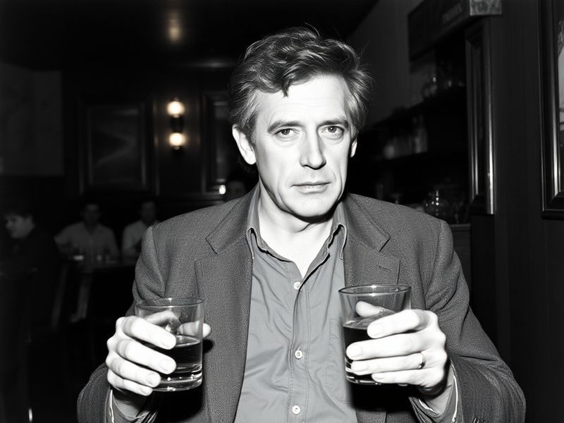 A moody black-and-white photograph of Jay McInerney sitting in a dimly lit New York City apartment, surrounded by books and a