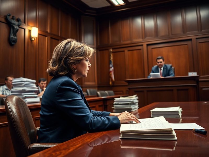 A courtroom sketch showing Diana Sanders speaking to her attorney, with a Carnival Cruise Line ship in the background and hea