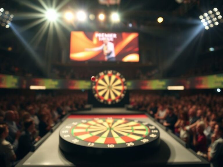A packed arena with Michael van Gerwen mid-throw, Luke Littler watching intently, and a jubilant crowd in the background unde
