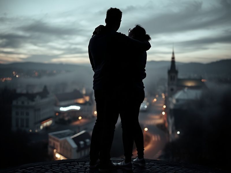 A candid photo of Caroline Schlossberg and Jeff Schlossberg walking together in a park, with soft natural lighting and a rela