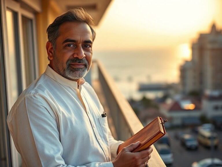 A dynamic studio portrait of Sunny Mehta in a modern workspace, surrounded by holographic typography and glowing digital sket