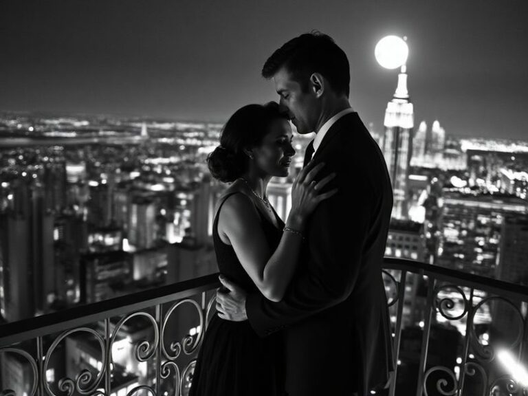 A stylish black-and-white photograph of Caroline Kennedy and Jonah Schlossberg at a public event, with subtle American flag c