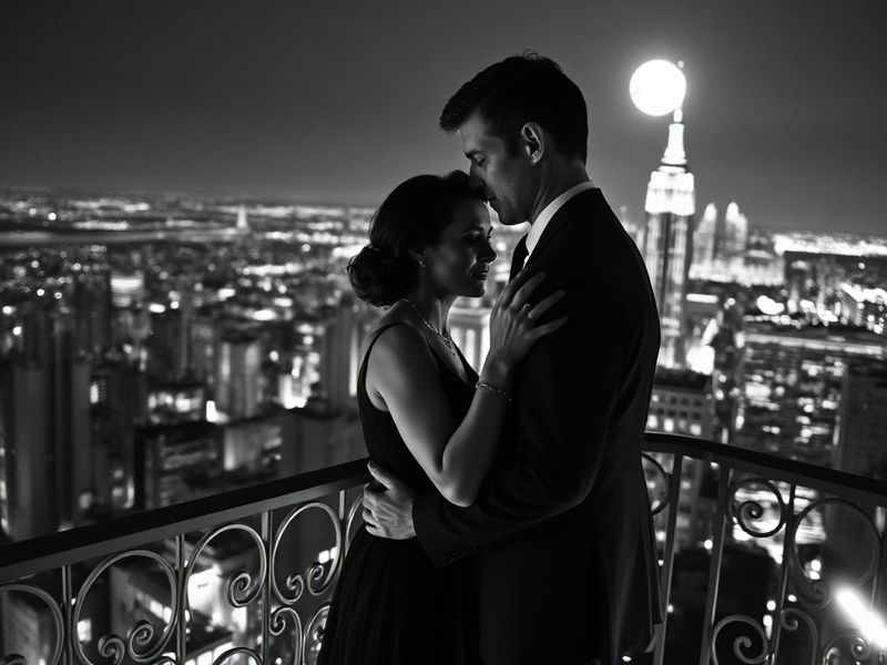A stylish black-and-white photograph of Caroline Kennedy and Jonah Schlossberg at a public event, with subtle American flag c