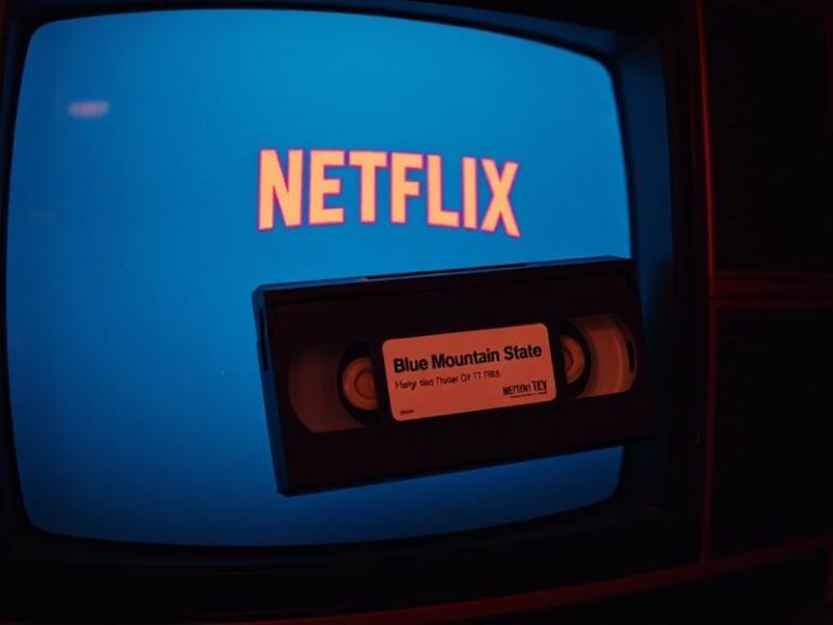 A split-screen image showing the Blue Mountain State logo on a Netflix interface on one side and a collage of the cast on the