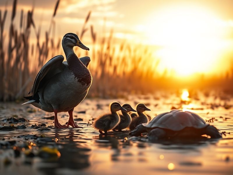 A serene pond scene with a mallard duck leading her ducklings through reeds, while a hawk circles overhead in the distance. T