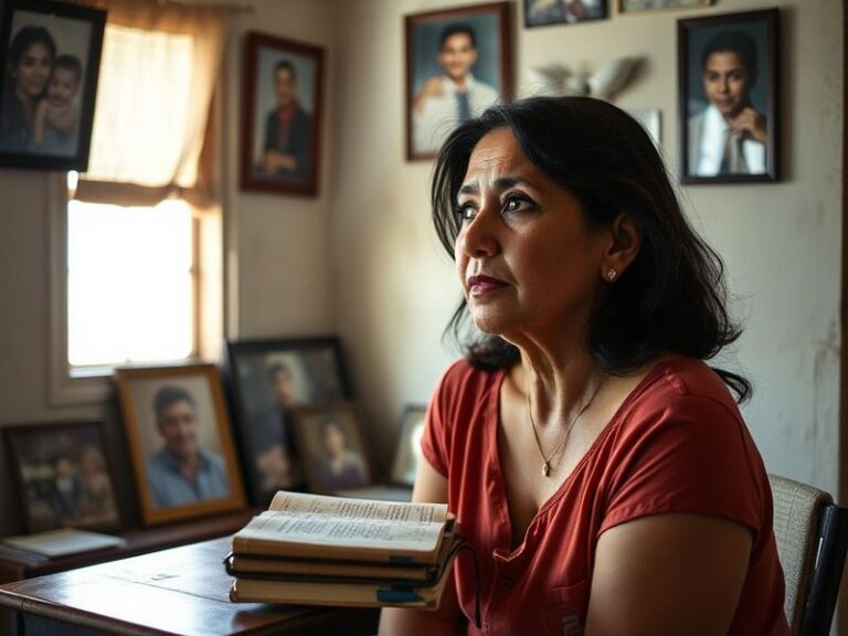 Analilia Mejia in a stadium press box, speaking into a microphone with a laptop and phone visible on the desk. She wears a he