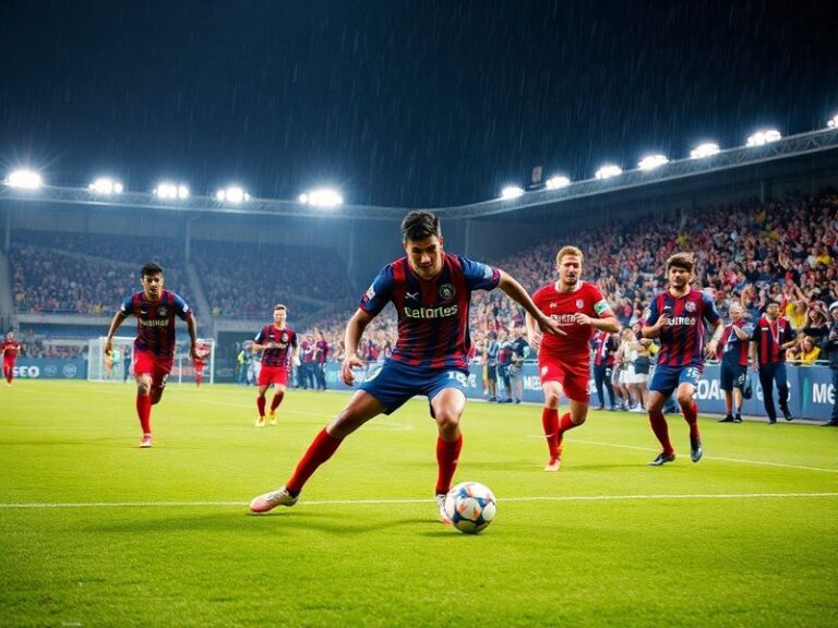 A vibrant night-time shot of Estadio Atanasio Girardot filled with fans, showing Flamengo players in red and black jerseys ce