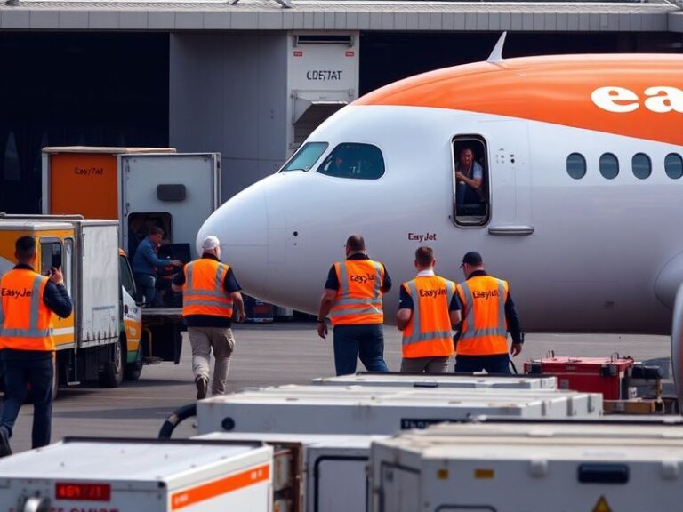 A busy EasyJet check-in area with passengers queuing, flight boards displaying delays, and fuel trucks parked at an airport t