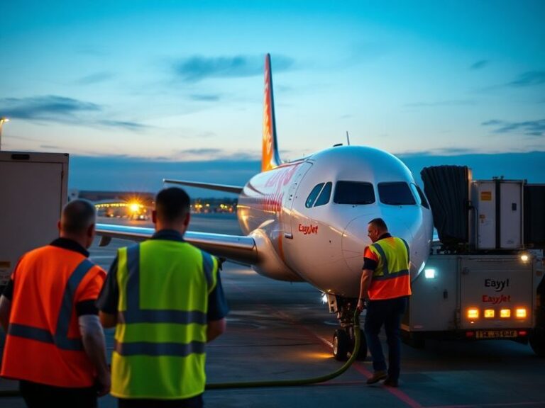 An EasyJet aircraft parked at an airport gate, with fuel trucks visible in the background. The scene is set during daylight w