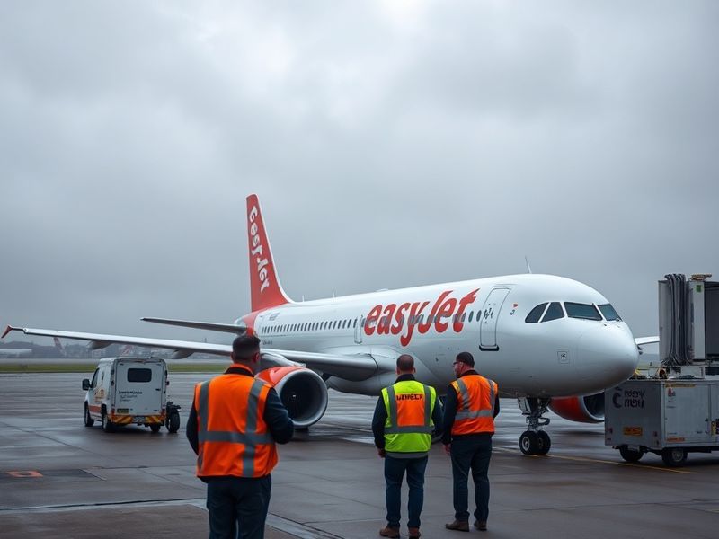 A busy easyJet check-in area with long queues, passengers looking frustrated at departure boards showing canceled flights, an