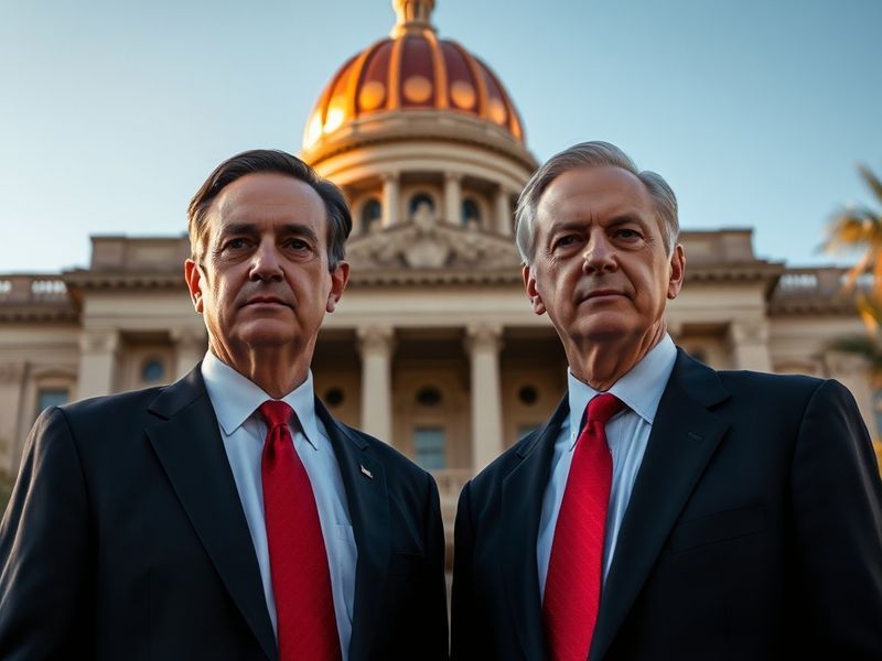 A split-image showing Kyrsten Sinema and John F. Vance speaking at podiums, with the Arizona state capitol building in the ba