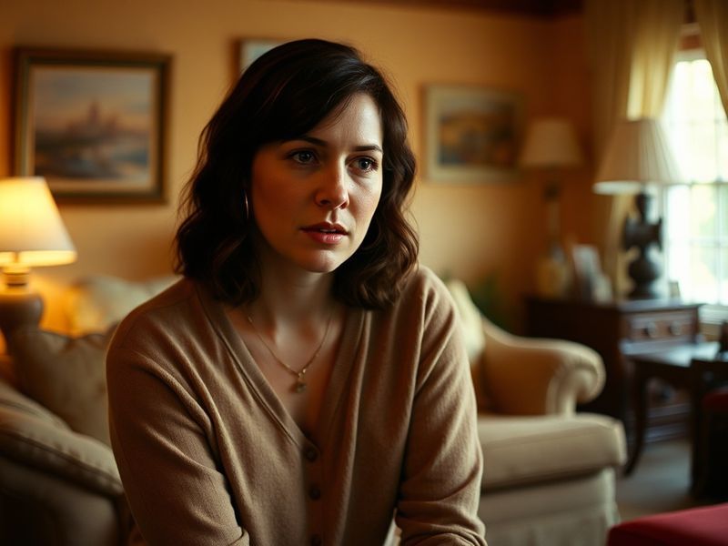 A candid portrait of Melanie Lynskey on set, mid-performance with expressive facial expressions, wearing a casual yet stylish