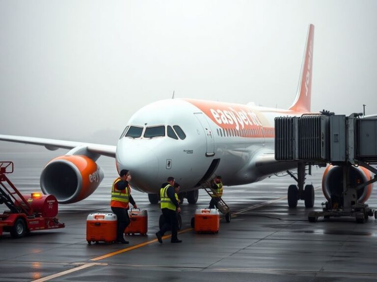 A crowded airport terminal with passengers checking departure boards, some looking frustrated. Overhead, a large EasyJet plan