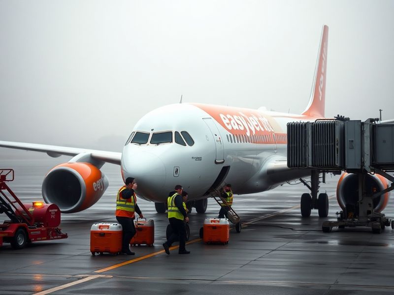A crowded airport terminal with passengers checking departure boards, some looking frustrated. Overhead, a large EasyJet plan