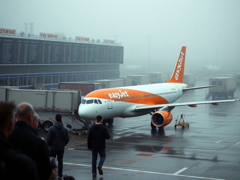 A busy EasyJet check-in counter at an airport with frustrated passengers, long queues, and flight status screens displaying c