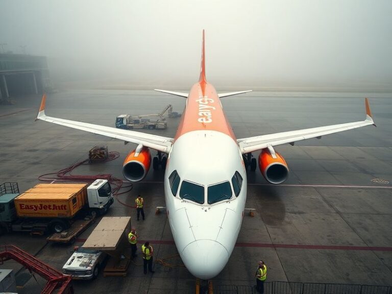 A busy EasyJet check-in desk at an airport with passengers queuing, fuel trucks in the background, and a digital flight board
