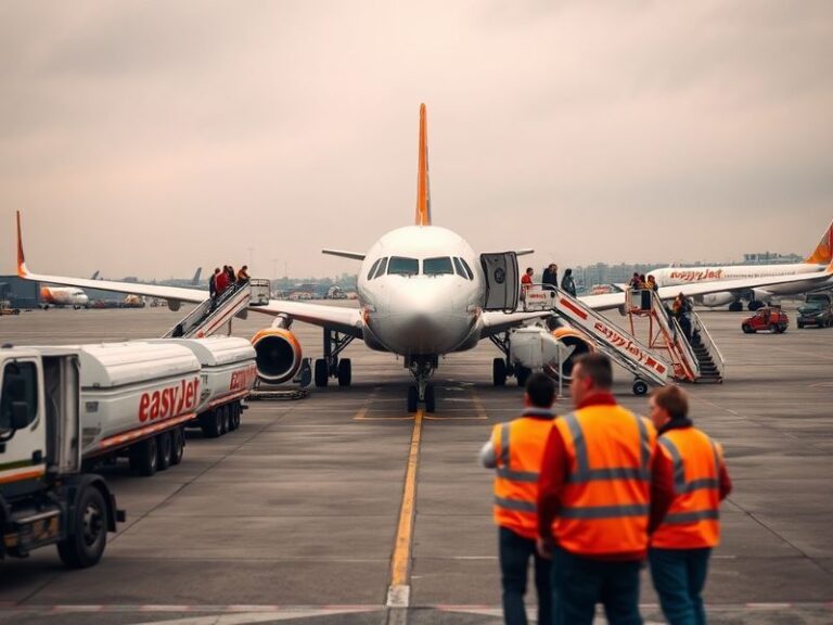 A crowded EasyJet check-in area at an airport with frustrated passengers and grounded planes visible through the windows. The