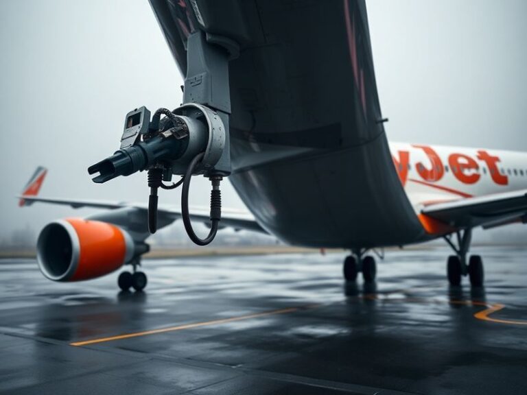 A crowded EasyJet boarding gate at a European airport, with passengers holding luggage and checking departure boards. The sce