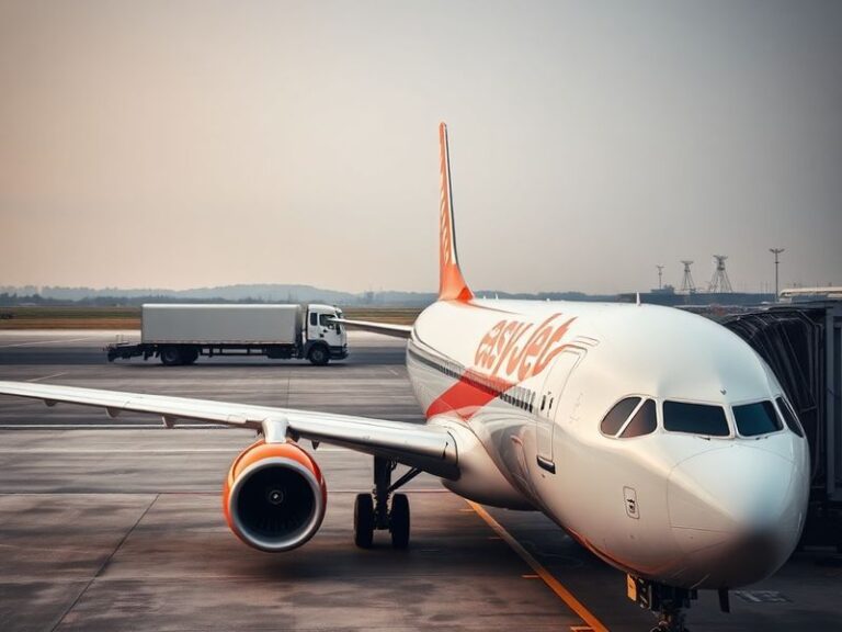 A busy EasyJet check-in desk at an airport with passengers looking stressed, while a staff member checks a flight board displ