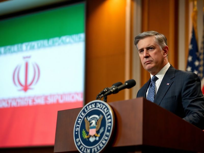 A split-image illustration showing the US and Iranian flags side by side, with a background of a Middle Eastern cityscape at