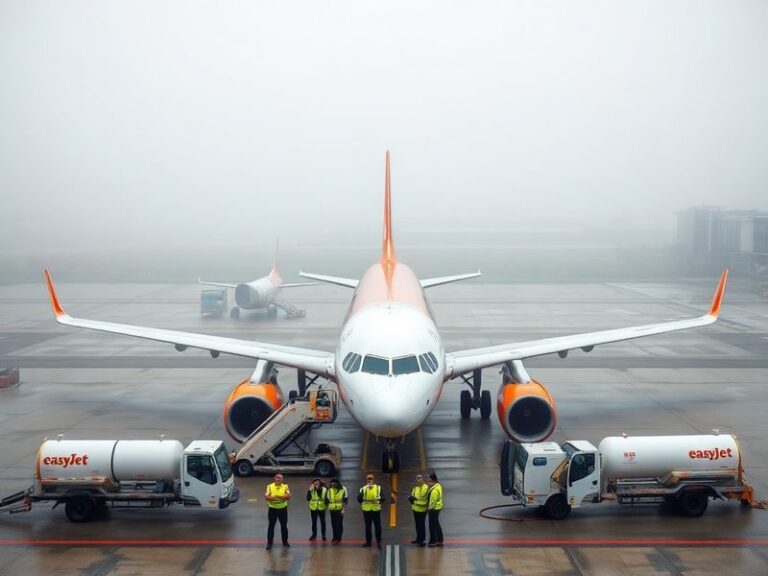 A busy easyJet check-in desk at an airport with passengers queuing, digital screens showing delayed flights, and fuel trucks