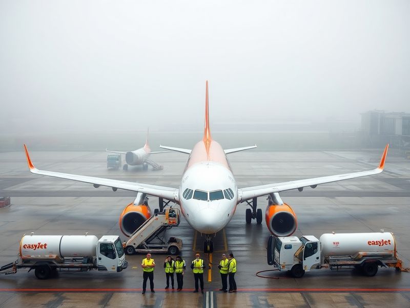 A busy easyJet check-in desk at an airport with passengers queuing, digital screens showing delayed flights, and fuel trucks