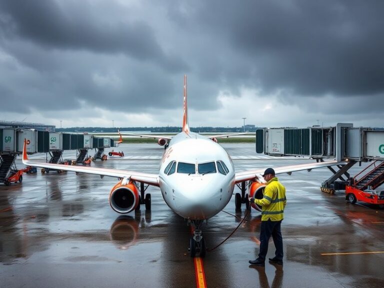 A busy EasyJet check-in counter at an airport with delayed flight boards in the background. Passengers look stressed while st