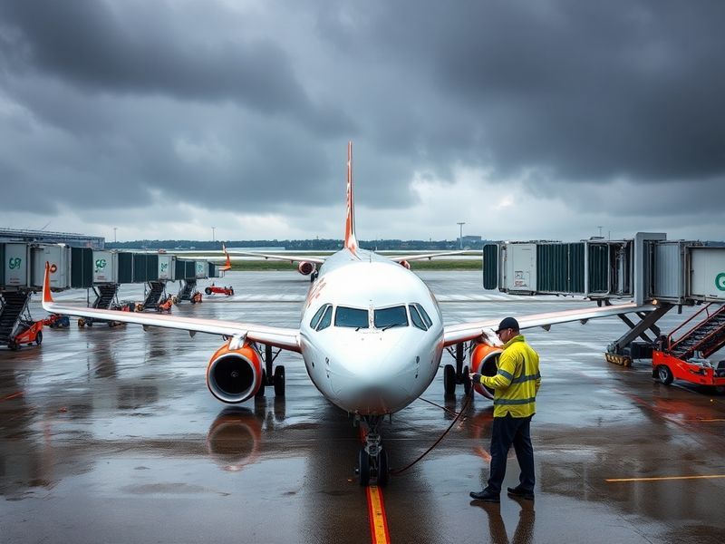 A busy EasyJet check-in counter at an airport with delayed flight boards in the background. Passengers look stressed while st