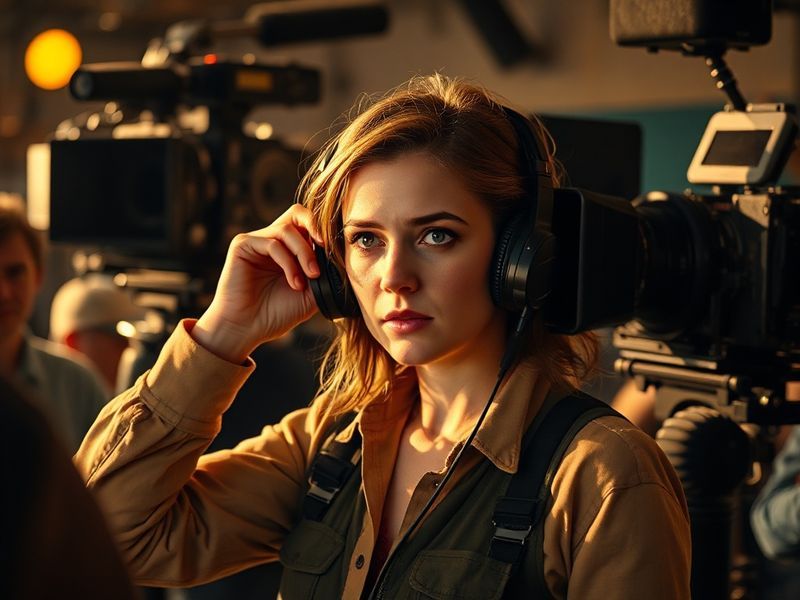 A professional portrait of Leah Halton in a modern workspace, surrounded by sustainable fashion items and digital tools. The