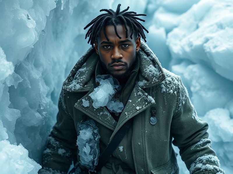 A high-angle shot of Iceman Drake mid-flight in a vibrant wingsuit against a dramatic mountainous landscape, with sunlight gl