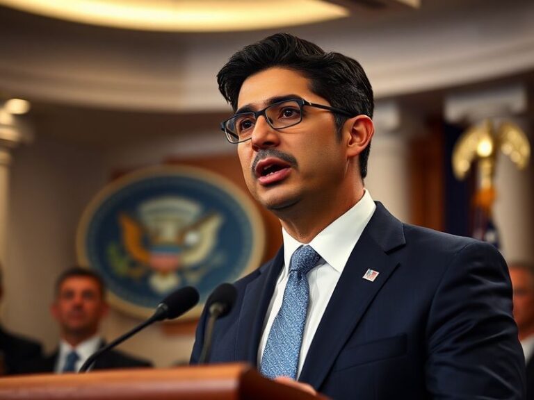 A professional portrait of Xavier Becerra speaking at a podium, with the U.S. and WHO flags in the background. The setting is