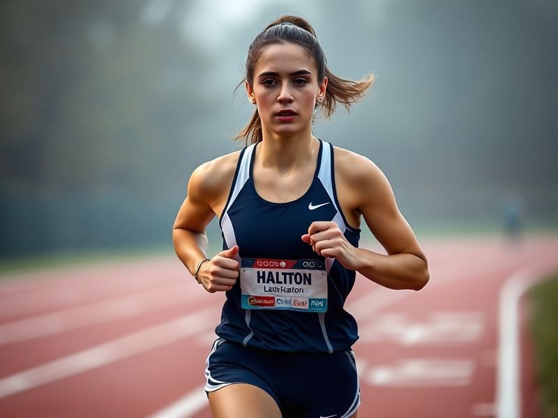 A candid, moody shot of Leah Halton performing on a dimly lit stage with a vintage microphone stand, wearing a denim jacket a