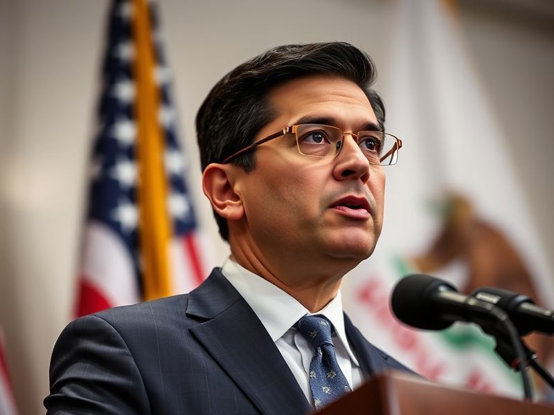 A formal portrait of Xavier Becerra in a suit, standing in a government building hallway with American and California flags v
