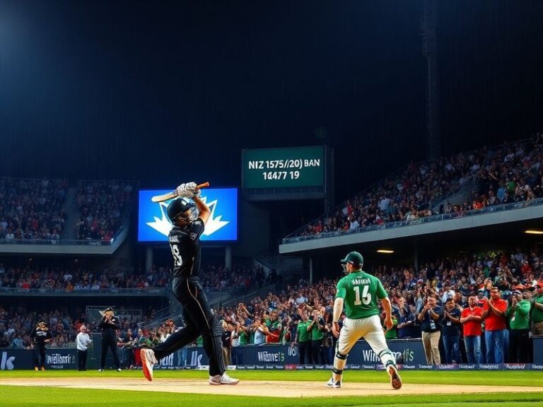 A vibrant cricket match between New Zealand and Bangladesh players on a lush green field, with fans in the background holding