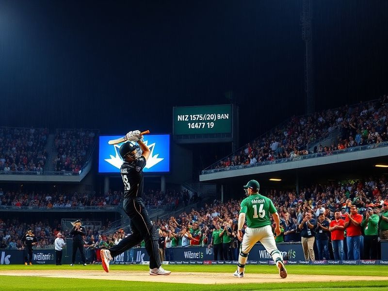 A vibrant cricket match between New Zealand and Bangladesh players on a lush green field, with fans in the background holding