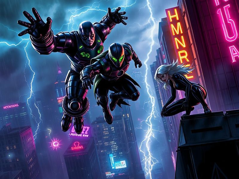 A dynamic comic book cover of Invincible mid-flight, with Nolan Grayson (Omni-Man) looming in the background, set against a s