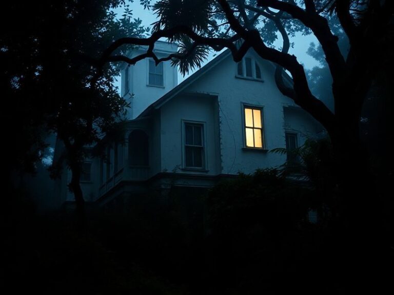 A dimly lit, decaying colonial-era bungalow with peeling walls and overgrown foliage, bathed in moonlight. A faint, eerie glo