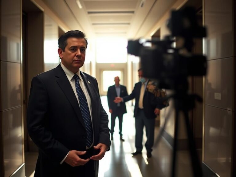 A formal portrait of Xavier Becerra speaking at a podium, wearing a suit, with an American flag and a healthcare-themed backd