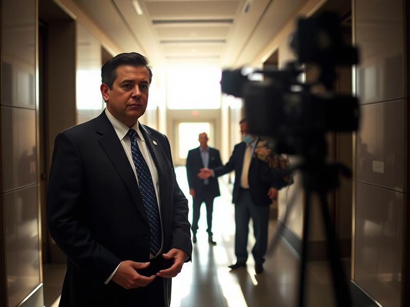 A formal portrait of Xavier Becerra speaking at a podium, wearing a suit, with an American flag and a healthcare-themed backd
