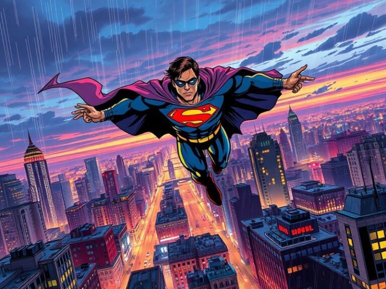A dynamic illustration of Mark Grayson in his Invincible suit, standing atop a city skyline with the sun setting behind him.